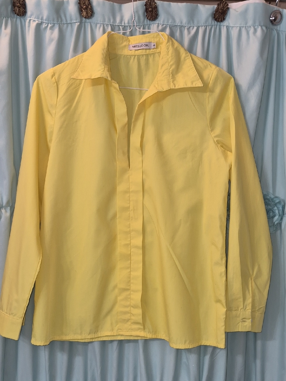 MISSLOOK Yellow V Cut Neckline Pleated Long Sleeve Blouse Sz S